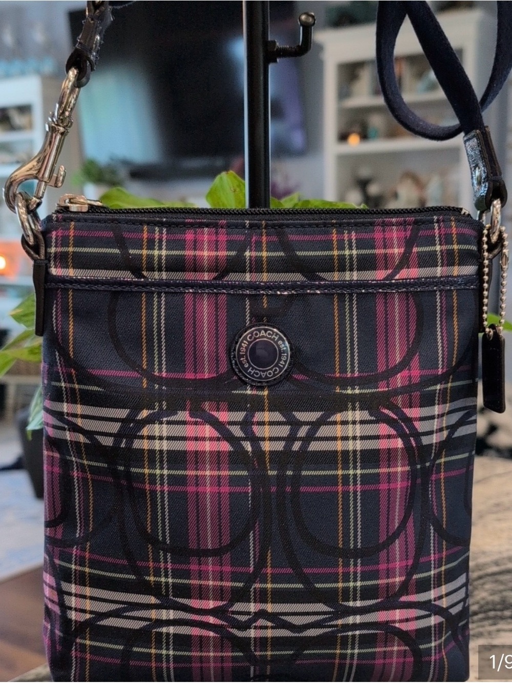 Coach Plaid Crossbody Wallet in Navy with Pink & Yellow Accents